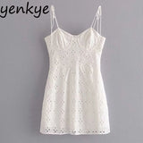 Yipinpay Women Openwork Floral Embroidery Sleeveless Sling White Sexy Romantic Night Out Party Mini Dress Short robe