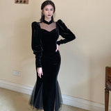 Yipinpay Vintage Black Dress Women 2023 Spring Long Sleeve Slim Evening Party Dress Female Gothic One Piece Dress Koran Winter