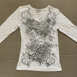 Yipinpay Women Vintage White Crop Top Clothes y2k Fairy Grunge Diamonds Graphic Print Crop Top Autumn Long Sleeve Slim Fit Pullovers Tees