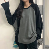 Yipinpay 2024 Female T-shirt Grey O Neck Contrast Color Long Sleeve T Shirt Loose Autumn Tee Tops for Women Shirts Patchwork