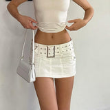 yipinpay Low Waist Micro Skirts Summer Clubwear Bottoms Sexy Basic Belted Mini Skirt Streetwear Pockets White Denim Skirt