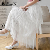 Yipinpay Lace Tulle Skirt Women Solid Summer Long White Black Tutu Skirts A Line Skirt Laides Elegant High Waist Elastic Faldas