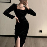 Yipinpay Velvet Long Dress Women Elegant Vintage Square Collar Long Sleeve Dress Korean Sexy Casual Evening Party Dress 2023 Autumn