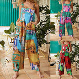 Yipinpay Women Casual Floral Print Strappy Dungarees Vintage Cotton Linen Loose Party Long Harem Overalls Rompers Jumpsuits