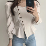 Yipinpay Femme Korean Chic Autumn Retro High Waist Puff Long Sleeve Square Collar Shirts Temperament Top Slim Blusas Camisas