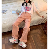 yipinpay Women's Jeans 2023 New Pink vintage Embroidery Streetwear High Waist Wide Leg Pants Baggy Harajuku Straight Mom Denim Trouser
