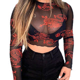 Yipinpay Women Sexy T-Shirt Fall Dragon Print Vintage Round Neck Long Sleeve See Through Long Sleeve Mesh Crop Tops Streetwear Club