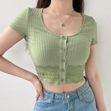 Yipinpay Button Sexy Crop Top Women Ribbed Knit Korean Style Short Sleeve T Shirts Fashion Casual Green Summer Tops Women Clothes
