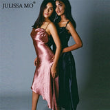 Yipinpay mo Metallic Satin Straps Long Dress Summer Backless Women Asymmetrical Dress Female Elegant Christmas Party Vestidos