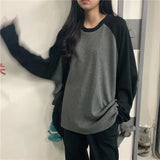 Yipinpay 2024 Female T-shirt Grey O Neck Contrast Color Long Sleeve T Shirt Loose Autumn Tee Tops for Women Shirts Patchwork