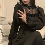 Yipinpay Black Y2k Dress Women 2024 Autumn Casual Lace Long Sleeve One Piece Dress Korean Evening Party Elegant Midi Dress Female