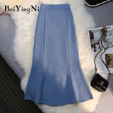 yipinpay Black Midi Skirt Women High Waist Solid Color Elegant Casual Street Office Ladies Skirts Split Summer OL Mermaid Skirt
