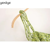 Yipinpay Dress 2024 Women Green Floral Print Sling Dress Sundress Female V Neck Sleeveless Hem Slits A-line Chiffon Dress vestido