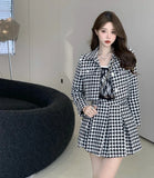Yipinpay Temperament Matching Sets Retro O Tweed Plaid Jacket Short Long Sleeve Cardigan Slim Top Mini Houndstooth Pleated Skirt Chic