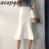 Yipinpay Summer New Korea Chic Temperament Elegant Slim White High Waist Mermaid Skirt Women Office Lady Ruffles Wrap Hip Faldas