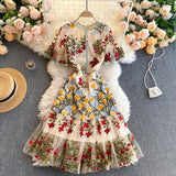 Yipinpay Retro Mesh Embroidery Dress Women Short Sleeve Ruffles A-line Dress Summer High Quality Elegant Chic Streetwear Dress