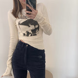 Yipinpay Print Cropped Tops 90s Vintage Women Long Sleeve Skinny T-shirt Y2K Female Autumn Basice Tees Harajuku Streetwear