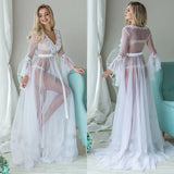 Yipinpay Women Lingerie Lace Cover ups Babydoll Long Flare Sleeve See-through Mesh Sheer Ladies Floral V neck Long Robes Dress