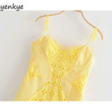 Yipinpay Women Yellow Lace Trim Spaghetti Strap Bodycon Mini Dress Romantic Lady Backless Sleeveless Party Club Sexy Dress
