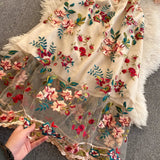 Yipinpay Chic Mesh Embroidery Flower Dress Women French Bow Collar Short Sleeve A-line Dress Summer Elegant Retro Holiday Dress
