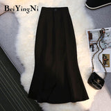 yipinpay Black Midi Skirt Women High Waist Solid Color Elegant Casual Street Office Ladies Skirts Split Summer OL Mermaid Skirt