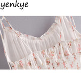 Yipinpay Strap Sexy Dress Women Sweet Ruffle Floral Print Dress Female Backless Sleeveless V Neck A-line Summer Chiffon Dress