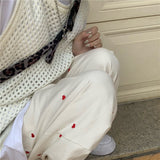 yipinpay Women's Jeans Streetwear Casual Heart Shaped Embroidery Elastic Waist Vintage Baggy Straight Denim Trouser Mom Wide Leg Pants