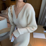 Yipinpay Long White Knitting Dress Women Winter V-Neck Long Sleeve Bodycon Dress Korean Office Lady High Waist Vintage Dress 2023