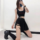 Yipinpay Gothic Sexy Pleated Mini Skirts Women Punk Grunge Black Patchwork Leg Ring Mall Goth Skirt Shorts Summer Asymmetrical
