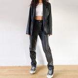 Yipinpay Faux Leather Straight-Leg Pants Fall Winter Fashion Women High Waist Button Up Trousers Solid Color PU Pants Streetwear
