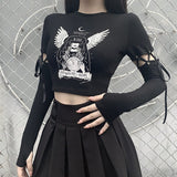 Yipinpay Punk Gothic Style Long Sleeve Slim Fit T-shirts Autumn graphic t shirts Women Witch Print Bodycon Tops y2k aesthetic