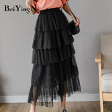 Yipinpay Lace Tulle Skirt Women Solid Summer Long White Black Tutu Skirts A Line Skirt Laides Elegant High Waist Elastic Faldas