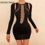 Yipinpay Women Solid Fashion Long Sleeves Hollow Out Mini Ins Bodycon Party Sexy Black Dress Set