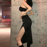 yipinpay Punk Black Split Midi Skirts Women Aesthetic Skinny Ruched High Waist A-Line Party Long Skirt