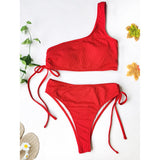 Yipinpay Women Swimsuit 2023 One Shoulder Swimwear Red Bikini High Waisted Bikini Set Beachwear Bathing Suit Swimming Suits Bikini