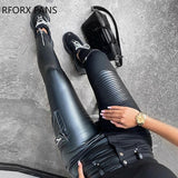 Yipinpay Women Casual High waist Zipper PU leather Patchwork  Pocket Skinny Pencil Pants