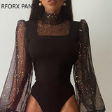 Yipinpay Women Chic Solid  Casual Sequin Lantern Sleeve High neck Sexy Bodycon Black Bodysuits