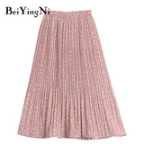 yipinpay Stylish Black Pink Skirt Women Casual Floral Print Vintage Korean Charming Pleated Midi Skirts High Waist Beach Skirt