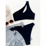 Yipinpay Women Swimsuit Female 2023 Bikini High Waisted Swimwear Black One Shoulder Bikini Set Swimming Suit Bathing Suits Beachwear
