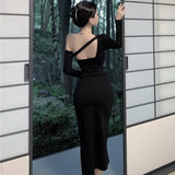 Yipinpay Black Dress Women Elegant Split Backless Off Shoulder Party Dress Korean Vintage High Waist Irregular Casual Dress 2023 New