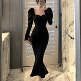 Yipinpay Mermaid Black Long Dress Women Korean One Piece Vintage Gothic Evening Party Dress Autumn Casual Hepburn Slim Dress 2023