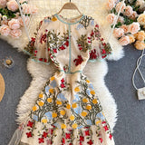 Yipinpay Retro Mesh Embroidery Dress Women Short Sleeve Ruffles A-line Dress Summer High Quality Elegant Chic Streetwear Dress