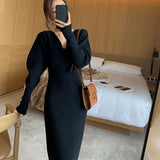 Yipinpay Long White Knitting Dress Women Winter V-Neck Long Sleeve Bodycon Dress Korean Office Lady High Waist Vintage Dress 2023