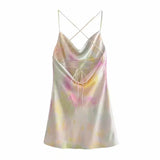 Yipinpay Summer Slip Dress Women 2023 Tie Dye Satin Short Woman Dresses Strappy Sexy Backless Strap Mini Dress Club Party Dresses