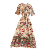 Yipinpay Chic Mesh Embroidery Flower Dress Women French Bow Collar Short Sleeve A-line Dress Summer Elegant Retro Holiday Dress