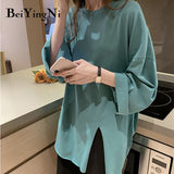 Yipinpay Loose Oversized T-shirt Female Long Sleeve Casual Vintage Split Tops Woman Spring Autumn BF Cotton Plain T Shirt Women