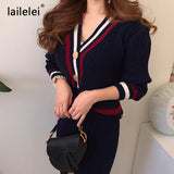 Yipinpay bump color stripe edge v-neck knitting cardigan skirts two-piece outfit