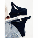Yipinpay Women Swimsuit Female 2023 Bikini High Waisted Swimwear Black One Shoulder Bikini Set Swimming Suit Bathing Suits Beachwear