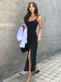Yipinpay Holiday High Street Sexy V Neck Black Spaghetti Strap Side Splits Irregular Dress Women Sleeveless Retro Drawstring Waist