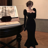 Yipinpay Mermaid Black Long Dress Women Korean One Piece Vintage Gothic Evening Party Dress Autumn Casual Hepburn Slim Dress 2023